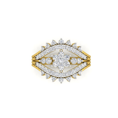 Yellow gold diamond flower ocular ring worn on finger