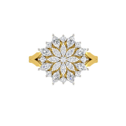 Yellow gold marquise diamond starburst ring worn on finger