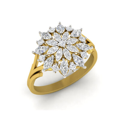 Front view of yellow gold marquise diamond starburst ring