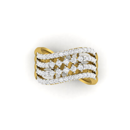 Yellow gold open diamond lattice ring worn on finger