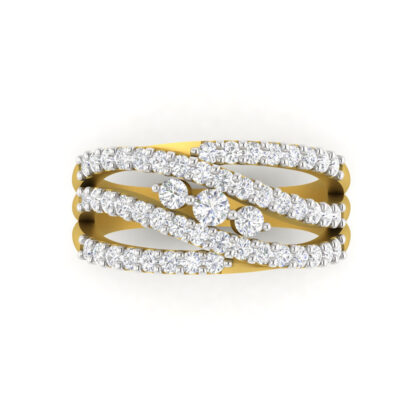 Yellow gold multi-row diamond ring worn on finger