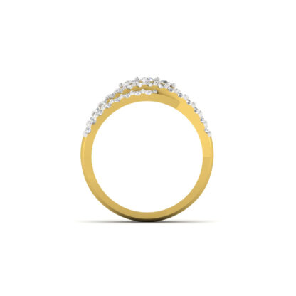 Perspective view of yellow gold multi-row diamond crossover ring