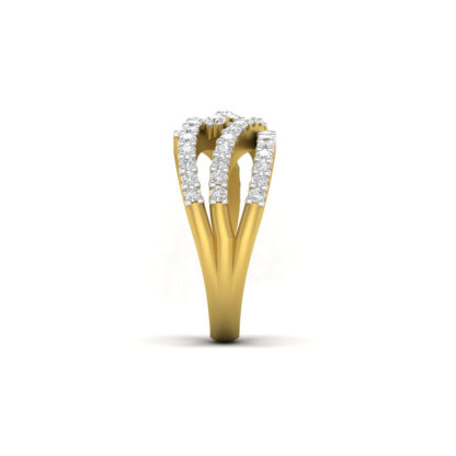 Side view of yellow gold multi-row diamond crossover ring