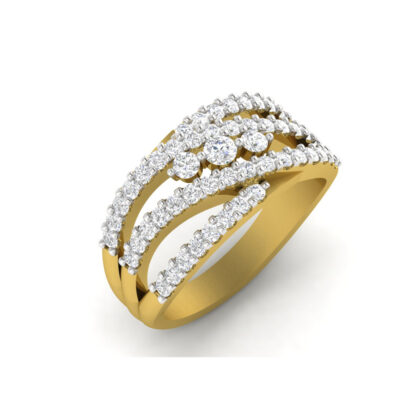 Front view of yellow gold multi-row diamond crossover ring