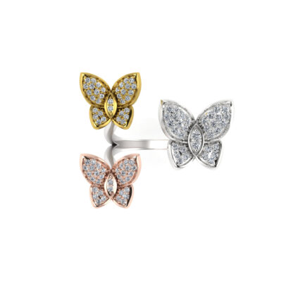 Perspective view of tri-tone diamond butterfly ring