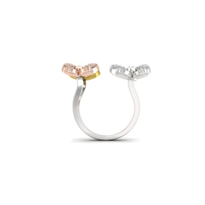 Tri-tone diamond butterfly ring worn on finger
