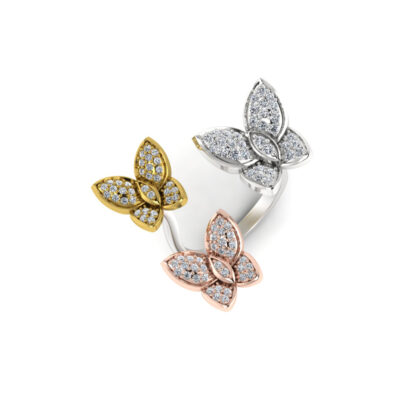 Front view of tri-tone diamond butterfly ring