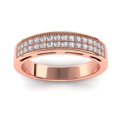 Angled view of rose gold double row pave diamond milgrain band