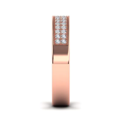 Side view of rose gold double row pave diamond milgrain band showing the band depth and stone setting