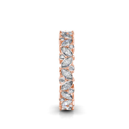 Side view of rose gold marquise diamond leaf eternity band showing the band depth and setting