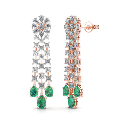 Side view of rose gold emerald diamond chandelier earrings