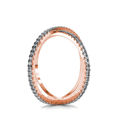 Side view of rose gold diamond criss-cross X ring showing the band depth and setting
