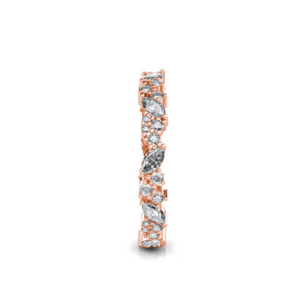 Side view of rose gold marquise and round diamond cluster eternity band showing the band depth and setting