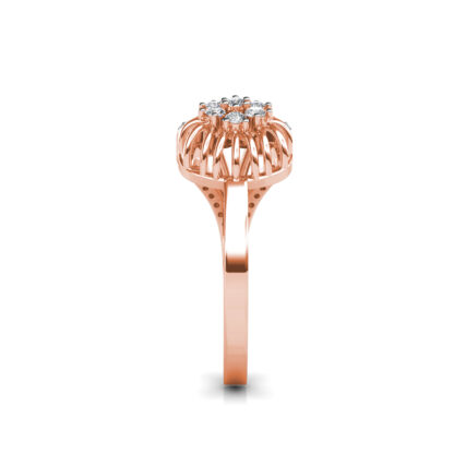 Side view of rose gold floral cluster bypass diamond cocktail ring showing the band depth and setting