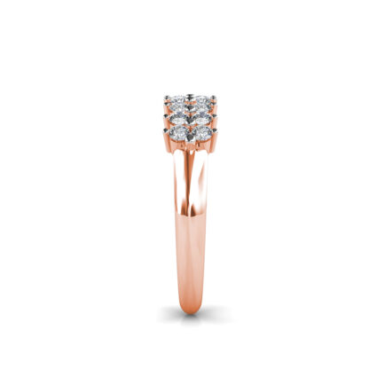 Side view of rose gold two row diamond cluster band showing the band depth and setting