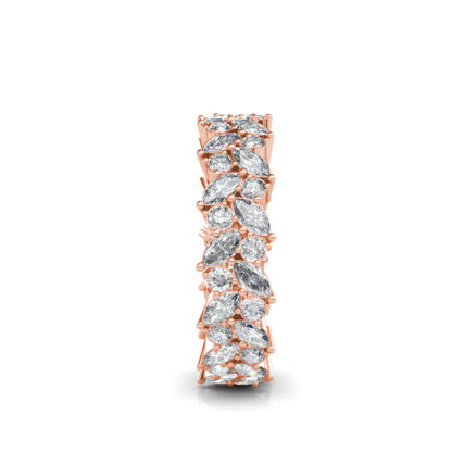 Side view of rose gold double row marquise diamond leaf eternity band showing the band depth and setting