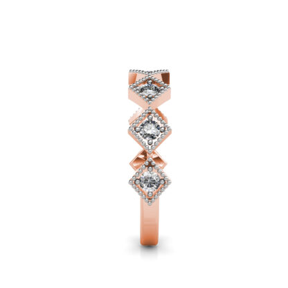 Side view of rose gold milgrain kite frame diamond stacking band showing the band depth and setting
