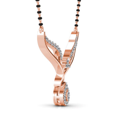 Side view of rose gold crossed leaf diamond mangalsutra pendant