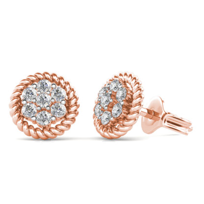 Side view of rose gold diamond flower cluster stud earrings