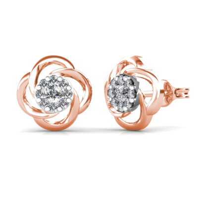 Side view of rose gold swirl diamond stud earrings