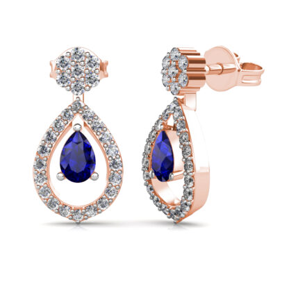 Side view of rose gold sapphire drop diamond halo earrings
