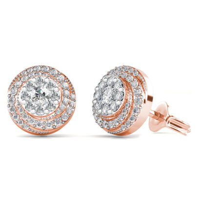 Side view of rose gold double halo diamond stud earrings