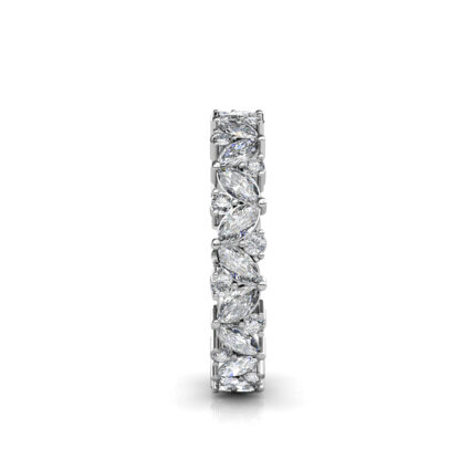 Side view of white gold or platinum marquise diamond leaf eternity band showing the band depth and setting