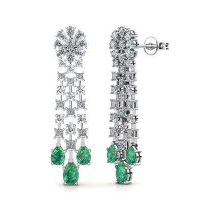 Side view of white gold emerald diamond chandelier earrings