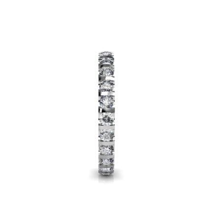 Side view of white gold or platinum bar-set diamond full eternity band showing the band depth and setting