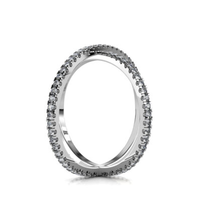 Side view of white gold or platinum diamond criss-cross X ring showing the band depth and setting