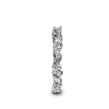 Side view of white gold or platinum marquise and round diamond cluster eternity band showing the band depth and setting