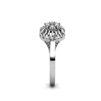 Side view of white gold or platinum floral cluster bypass diamond cocktail ring showing the band depth and setting