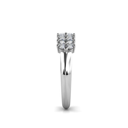 Side view of white gold or platinum two row diamond cluster band showing the band depth and setting