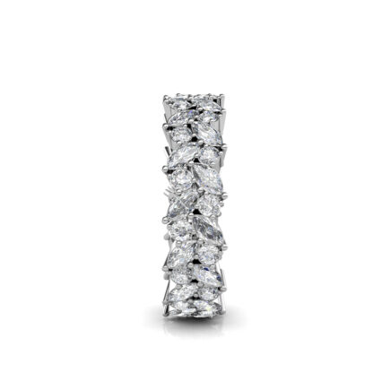 Side view of white gold or platinum double row marquise diamond leaf eternity band showing the band depth and setting