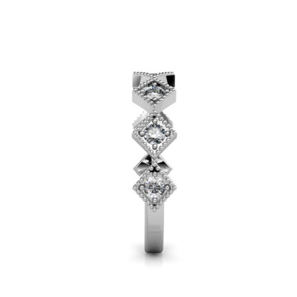 Side view of white gold or platinum milgrain kite frame diamond stacking band showing the band depth and setting