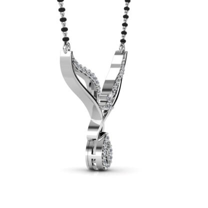 Side view of white gold or platinum crossed leaf diamond mangalsutra pendant