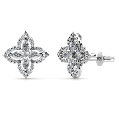Side view of white gold or platinum marquise diamond star stud earrings