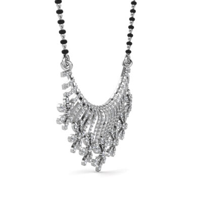 Side view of white gold or platinum diamond sunburst mangalsutra pendant