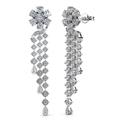 Side view of white gold or platinum diamond flower tassel drop earrings