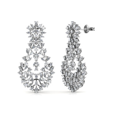 Side view of white gold or platinum diamond chandelier earrings