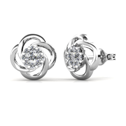 Side view of white gold or platinum swirl diamond stud earrings