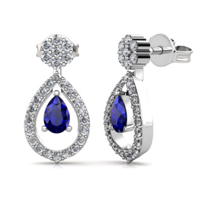 Side view of white gold or platinum sapphire drop diamond halo earrings