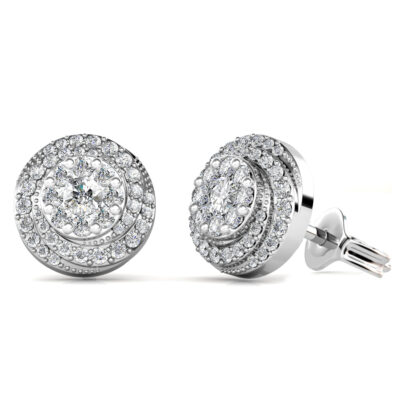 Side view of white gold or platinum double halo diamond stud earrings