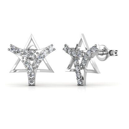 Side view of white gold or platinum diamond star stud earrings