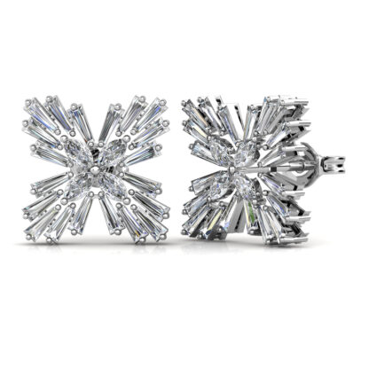 White gold baguette diamond starburst earrings, side view