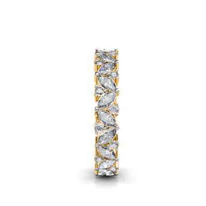 Side view of yellow gold marquise diamond leaf eternity band showing the band depth and setting