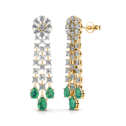 Side view of yellow gold emerald diamond chandelier earrings