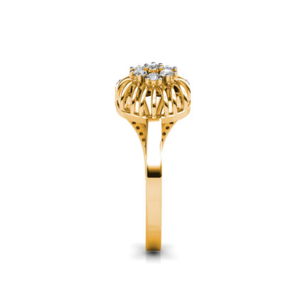 Side view of yellow gold floral cluster bypass diamond cocktail ring showing the band depth and setting
