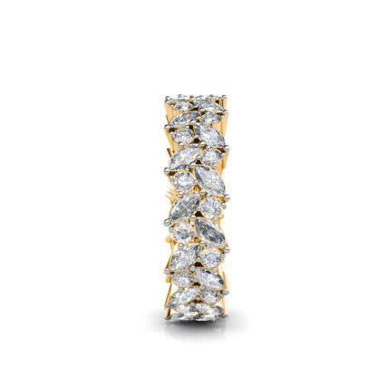 Side view of yellow gold double row marquise diamond leaf eternity band showing the band depth and setting