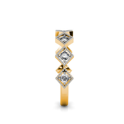 Side view of yellow gold milgrain kite frame diamond stacking band showing the band depth and setting
